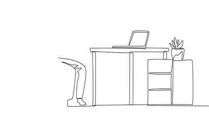 Poster - Animated self drawing of continuous one line drawing man sitting in work chair stretching arms behind back. Eliminates little nervousness before online presentation. Overtime. Full length animation