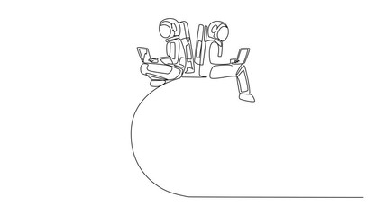 Wall Mural - Animation of a single one line drawing of two astronauts sitting typing laptop on a globe. Make expedition reports about air quality on earth. Cosmonaut protect the earth. Full length motion