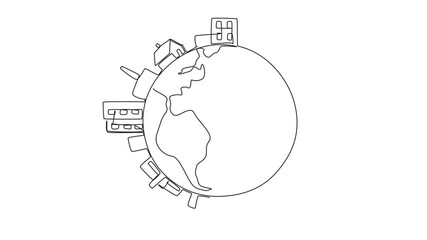 Wall Mural - self drawing animation of continuous one line drawing buildings surround edge of the globe. industri