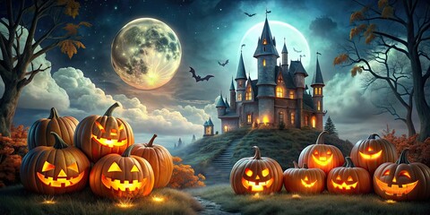 Canvas Print - Halloween castle surrounded by pumpkins and illuminated by moonlight, pumpkin, Halloween, castle, spooky, eerie