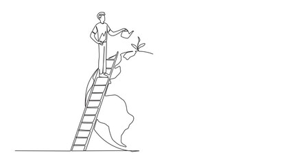 Wall Mural - Self drawing animation of continuous one line drawing man and woman work together to green the earth. Plant as many trees as can. Makes the air cleaner. Ecology concept. Full length animated