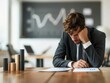 © Steveandfriend - Businessman in suit looking stressed, sitting at desk with charts and graphs, contemplating business challenges in modern office setting.