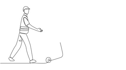 Canvas Print - Animation of single one line drawing trash man pushing a wheeled trash can. Side job is volunteering to keep environment clean. Remain highly dedicated. No pollution. Full length motion