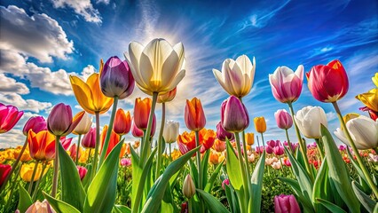 Sticker - Tulips of various colors blooming in a natural spring setting under a blue sky, tulips, flowers, nature, spring, bloom, colorful