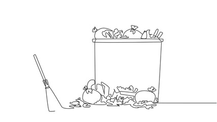 Poster - Animation of continuous one line drawing trash man cleans rubbish by sweeping it into a pile of rubbish. With large trash can, it can accommodate all rubbish. Good job. Full length motion