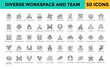 © Gravisio - Diverse workspace and team icon set with global team, inclusive discussion, multicultural collaboration, unified team, equality network, collaborative growth icon. Simple line vector