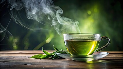 Wall Mural - A refreshing cup of green tea with steam rising from the mug , herbal, antioxidant, beverage, healthy, hot, drink, teacup