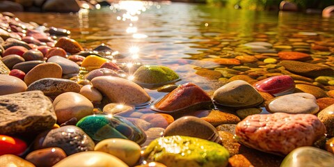 Sticker - Close up of colorful river stones with ripples in water under summer sunlight, river, stone, abstract, closeup, water, ripples