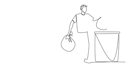 Wall Mural - Animation of single one line drawing man puts trash bag into trash can. Environmental care. Maintain cleanliness by throwing rubbish in the right place. Recycling. Full length motion