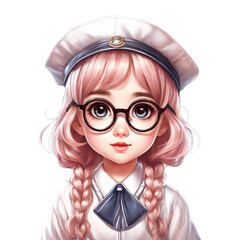 Wall Mural - A young girl with glasses and a white hat is smiling. She is wearing a white shirt and a blue bow. Isolated on PNGs transparent background.