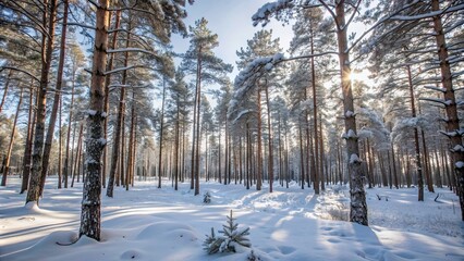 Poster - Snow covered pine trees in a winter forest, winter, snow, cold, frost, branches, landscape, scenery, nature, white, frosty