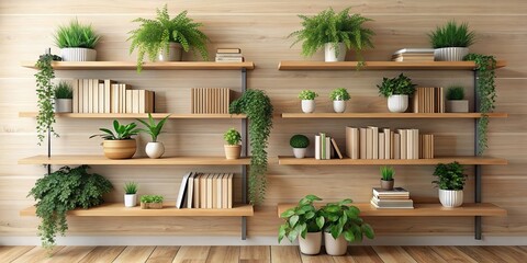 Poster - Minimalist wooden shelves decorated with lush greenery and books , minimalist, wooden shelves, greenery