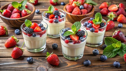 Poster - Glass glasses filled with yogurt and fruit slices, surrounded by fresh berries on a table , yogurt, fruit, slices, glass