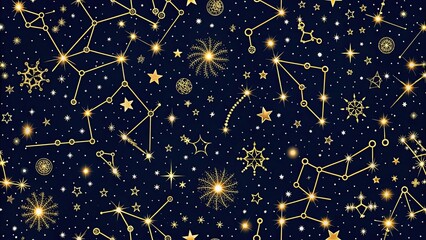 Poster - Night sky seamless pattern with gold zodiac symbols and constellations, night sky, seamless, pattern, golden, zodiac