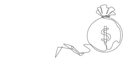 Wall Mural - Animated self drawing of single one line drawing smart robot kicking money bag. Freedom to act without knowing the rules. Machine testing. Future technology development concept. Full length animation