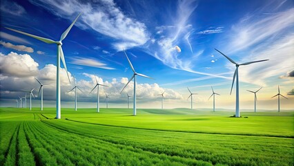 clean energy wind turbines in vast green field, clean, energy, wind, turbines, green, field, eco-fri