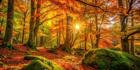 Sticker - Autumn in the woods scene with colorful leaves, moss covered trees, and golden sunlight filtering through the branches, autumn, woods