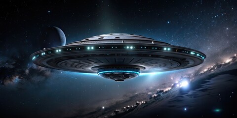 Wall Mural - futuristic alien spacecraft flying through deep space, alien, spaceship, futuristic, technology, out