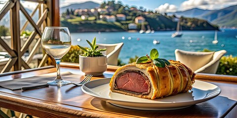 Poster - Beef Wellington served in an elegant restaurant overlooking the bay, Gourmet, Fine dining, Luxurious, Exquisite, Delicious