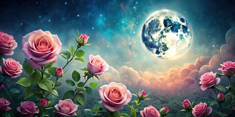 Canvas Print - Painting of beautiful roses with a serene moon in the background, roses, painting, moon, flowers, art, floral, night, sky