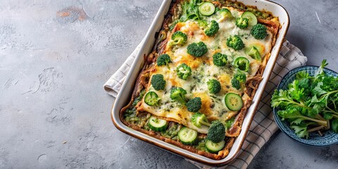 Canvas Print - Vegan lasagne with layers of broccoli and zucchini, topped with dairy-free cheese and fresh herbs, vegan, lasagne