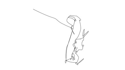 Sticker - Self drawing animation of single continuous line drawing Arabian businessman walking moved by ropes controlled by giant hands. Relying on scissors to escape. Free from restraints. Full length animated