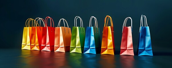 A line of vibrant shopping bags on a dark blue backdrop, perfect for text or design, realistic high-resolution image.