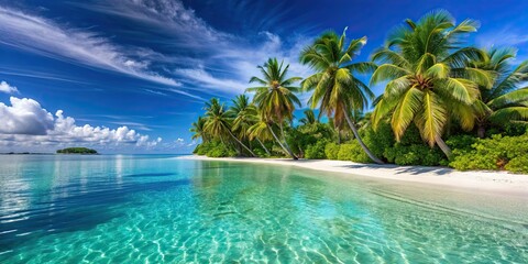 Sticker - Tropical paradise beach island scene with crystal clear waters and palm trees , beach, island, tropical, paradise