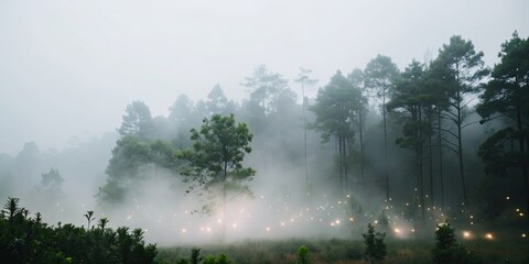 Canvas Print - Serene misty forest with softly glowing particles in background , Misty, forest, serene, tranquil, nature, trees, woods, fog