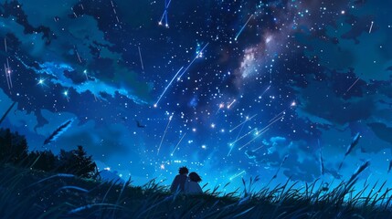 Wall Mural - A couple is looking up at the stars in a field