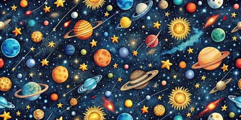 Wall Mural - starry night sky pattern filled with cosmic creatures and planets, stellar, night sky, pattern, cosm