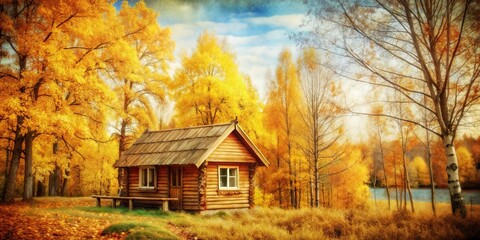 Canvas Print - Beautiful oil painting of small wooden house surrounded by autumn trees in orange and yellow hues, autumn, landscape