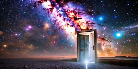 Wall Mural - dimension door leading to a universe with bright stars and galaxies, dimension, door, universe, star