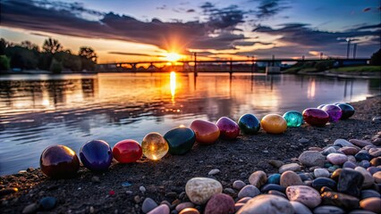 Poster - Vibrant chakra stones along a riverbank at sunset , peaceful, balance, meditation, tranquility, spiritual, energy, nature