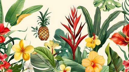 Wall Mural - Botanical illustration of various tropical plants