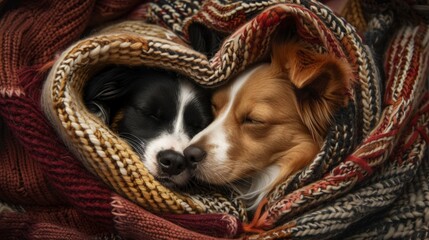 Wall Mural - Two dogs are sleeping in a blanket, one is black and white