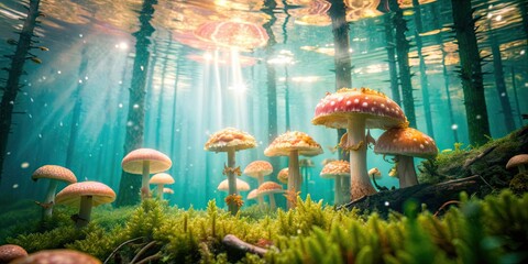 Canvas Print - Enchanting mushrooms growing in an underwater forest wonderland, mushrooms, underwater, forest, wonderland, nature