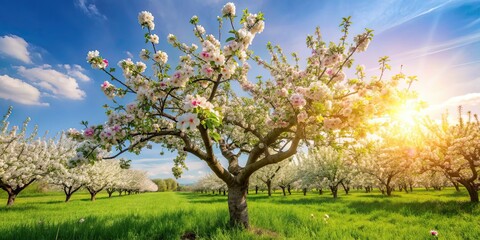 Sticker - Apple tree in full bloom on a sunny spring day, apple tree, blossom, spring, sunny, day, nature, outdoors, growth