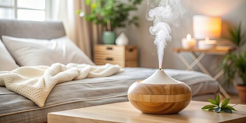 Sticker - Aromatic oil diffuser in a cozy bedroom setting , Aromatherapy, home decor, relaxation, essential oils, wellness