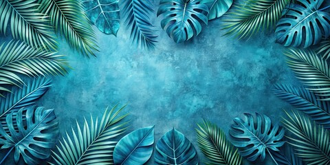 Poster - Blue tropical foliage on paper texture wallpaper, tropical, foliage, blue, paper, texture, wallpaper