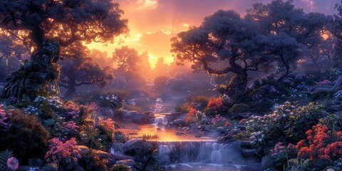 Wall Mural - A beautiful landscape at sunset with purple colors over water.