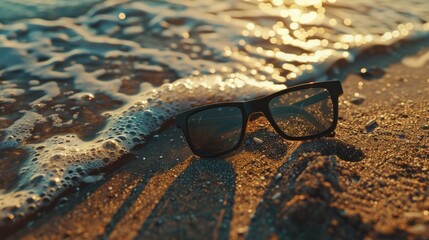 A pair of sunglasses is laying on the sand at the beach