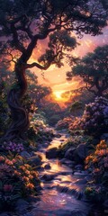 Wall Mural - A beautiful landscape at sunset with purple colors over water.