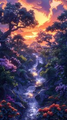Wall Mural - A beautiful landscape at sunset with purple colors over water.