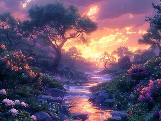 Wall Mural - A beautiful landscape at sunset with purple colors over water.