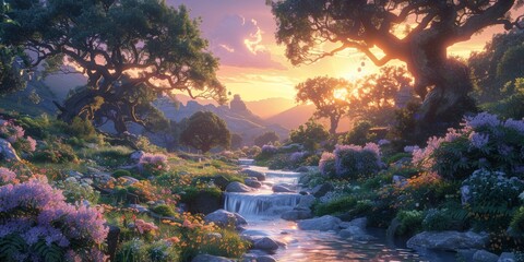 Wall Mural - A beautiful landscape at sunset with purple colors over water.