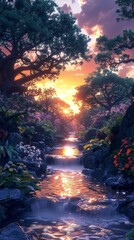 Wall Mural - A beautiful landscape at sunset with purple colors over water.