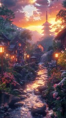 Wall Mural - A beautiful landscape at sunset with purple colors over water.