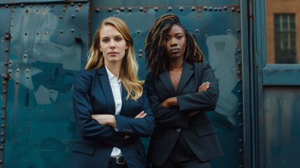 Sticker - Two women in suits stand facing each other, one with her arms crossed