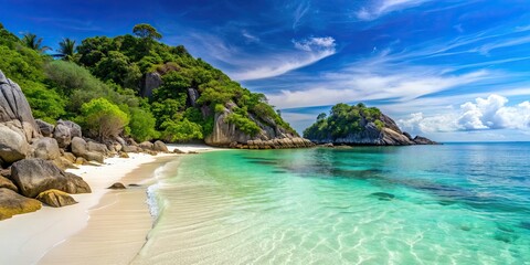 Sticker - White sandy beach at Monkey Beach in Thailand with rocks in the clear blue water, Thailand, Monkey Beach, white sand, beach